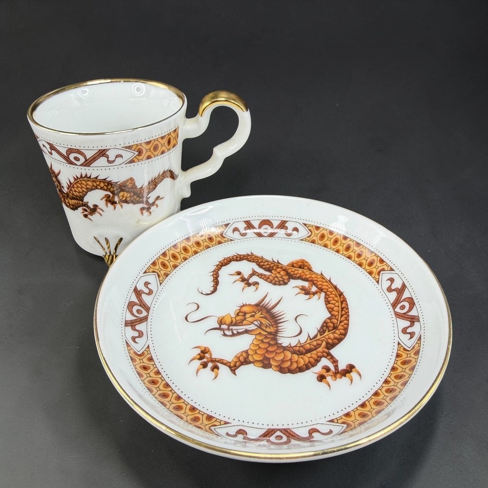 Bareuther Waldsassen Bavaria Germany Dragon Espresso Cup Saucer Set Orange‎ Gold